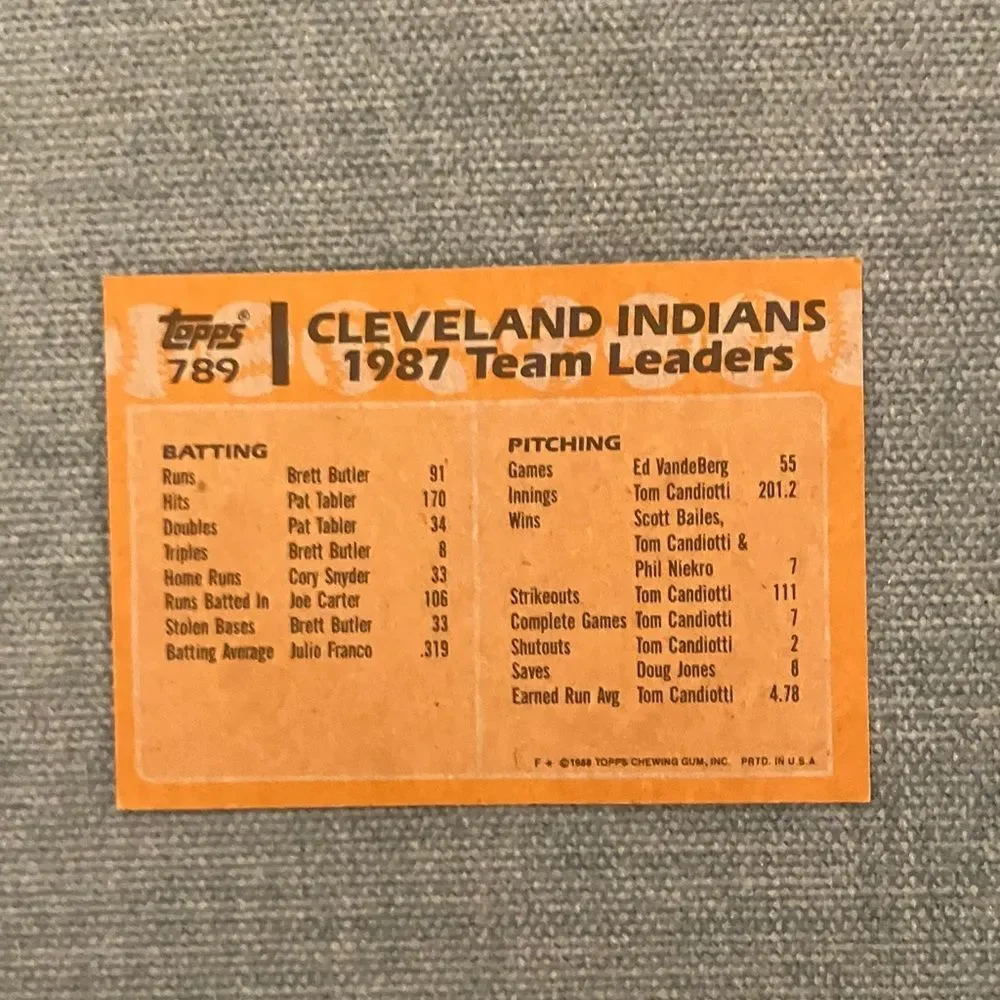 1988 Topps Cleveland Indians Baseball Card Trading Card